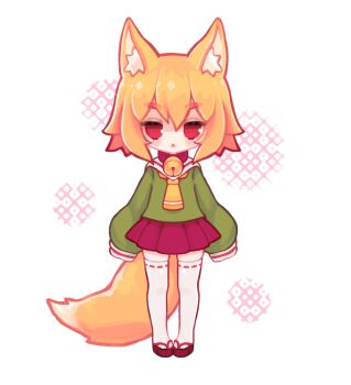 1girl :o akane_stradanya animal_ear_fluff animal_ears animated animated_gif bell blonde_hair blouse borrowed_character brown_sandals collar commentary fox_ears fox_girl fox_tail full_body green_shirt hair_between_eyes jingle_bell kemomimi-chan_(naga_u) long_sleeves looking_at_viewer neck_bell original parted_lips pleated_skirt red_collar red_eyes red_skirt ribbon-trimmed_legwear ribbon_trim sandals shirt short_eyebrows skirt sleeves_past_fingers sleeves_past_wrists solo standing straight-on tail thick_eyebrows thighhighs white_background white_thighhighs zouri