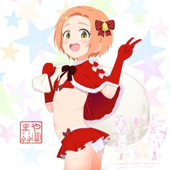 1girl :d ass bikini bikini_skirt blush bow capelet commentary_request elbow_gloves flat_chest fur-trimmed_capelet fur-trimmed_gloves fur_trim gloves hair_bow hair_ornament hairclip highres holding idolmaster idolmaster_cinderella_girls loli looking_at_viewer mayafufu miniskirt open_mouth orange_hair panties red_bikini red_bow red_capelet red_gloves red_skirt ryuzaki_kaoru santa_bikini santa_costume short_hair skirt smile solo star_(symbol) star_hair_ornament star_symbol_background swimsuit underwear v white_panties yellow_eyes