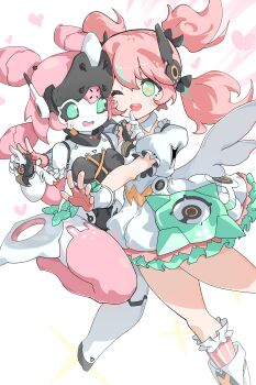 2girls :d absurdres angels_of_delusion aqua_streaks aria_(zenless_zone_zero) bow commentary_request dress fingerless_gloves gloves green_bow green_eyes hair_between_eyes highres humanoid_robot joints kou_koufu looking_at_viewer mechanical_ears multicolored_hair multiple_girls one_eye_closed open_mouth pink_gloves pink_hair robot robot_girl robot_joints smile sparkling_eyes streaked_hair white_dress white_wings wings zenless_zone_zero