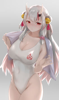 1girl alternate_breast_size_(larger) alternate_costume bell breasts closed_mouth commentary_request double_bun grey_hair hair_bell hair_bun hair_ornament highres hololive horns large_breasts long_hair looking_at_viewer multicolored_hair nakiri_ayame one-piece_swimsuit oni red_eyes red_streaks skin-covered_horns streaked_hair swimsuit two_side_up utdkaz very_long_hair virtual_youtuber white_one-piece_swimsuit