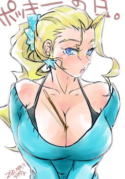 1girl blonde_hair blue_eyes bra_strap breasts capcom cleavage earrings food highres jewelry justice_gakuen large_breasts looking_at_viewer misodiru object_between_breasts off-shoulder_sweater off_shoulder pocky pocky_day ponytail simple_background solo sweater tiffany_lords upper_body