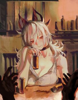 1girl bare_shoulders black_choker black_horns breasts button_gap choker cleavage closed_mouth collarbone cup curled_horns guii1210 hair_between_eyes highres holding holding_cup horns large_breasts long_hair looking_at_viewer multicolored_eyes red_eyes shirt sitting two-tone_eyes upper_body white_hair white_shirt wuthering_waves zani_(wuthering_waves)