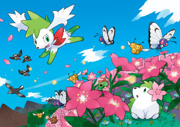 Rule 34 | absurdres, artist request, blue flower, blue sky, buneary, butterfree, caterpie, closed eyes, cloud, combee, flower, flying, gen 1 pokemon, gen 4 pokemon, gracidea, green eyes, highres, holding, legendary pokemon, looking up, mountain, mountainous horizon, mythical pokemon, nintendo, official art, outdoors, petals, pink flower, pokemon, pokemon dppt, pokemon platinum, red eyes, shaymin, shaymin (land), shaymin (sky), sky, staravia, starly, third-party source, tree, yellow flower