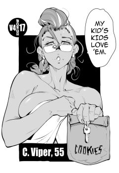 bag breasts burustandin character_name commentary crimson_viper earrings english_commentary english_text greyscale hair_slicked_back highres holding jewelry looking_at_viewer messy_hair monochrome pompadour signature speech_bubble street_fighter sunglasses talking towel upper_body