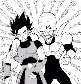2boys alien arm_around_shoulder blank_eyes clenched_hand clenched_teeth commentary_request dragon_ball dragon_ball_legends dragonball_z highres lee_(dragon_garou) male_focus monkey_tail multiple_boys open_mouth pui_pui saiyan_armor shallot_(dragon_ball) smile sweatdrop tail teeth toned toned_male vambraces