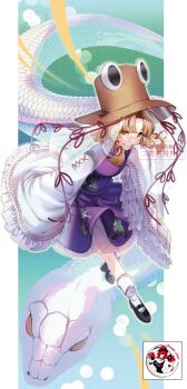 1girl animal_print black_footwear blonde_hair dice dress frog_print hecatia_lapislazuli highres horizontal_pupils ishikawa_sparerib long_sleeves medium_hair moriya_suwako puffy_long_sleeves puffy_sleeves purple_dress pyonta smile snake socks solo touhou watermark