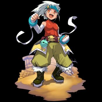 1boy :d bandaged_arm bandages bare_tree belt black_background boots clenched_hands dark-skinned_male dark_skin full_body green_boots highres medium_hair merc_storia merc_storia_art_team muscular muscular_male official_art open_mouth pants pham_(merc_storia) simple_background smile solo standing tachi-e teeth tree upper_teeth_only v-shaped_eyebrows white_hair yellow_pants