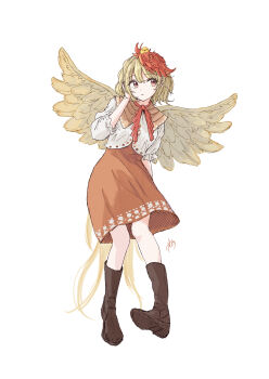 1girl absurdres animal animal_on_head baby_animal bird bird_on_head bird_tail blonde_hair boots brown_boots chick chicken_girl commentary_request feathered_wings full_body hand_in_own_hair highres kashiwada_kiiho knee_boots looking_to_the_side medium_hair multicolored_hair niwatari_kutaka on_head orange_eyes orange_skirt red_hair rooster_tail shirt short_sleeves signature skirt solo tail touhou two-tone_hair white_background white_shirt wings yellow_wings