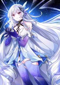 1girl absurdres breasts cleavage detached_sleeves dress genshin_impact hair_between_eyes hair_ornament highres large_breasts long_hair looking_at_viewer parted_lips pink_eyes short_sleeves skirk_(genshin_impact) smile solo twitter_username very_long_hair white_dress white_hair yuzuca_(trickster4594)