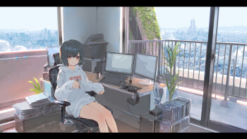 1girl :3 absurdres balcony black_hair blush brown_eyes building cabinet chair city cityscape closed_mouth cloud computer computer_keyboard computer_tower cup desk drawing_tablet electric_fan file_cabinet foliage glass_door hand_fan headphones headphones_removed highres holding holding_pen holding_stylus hood hood_down hoodie indoors izumi_sai laundry_pole legs letterboxed long_sleeves looking_at_viewer monitor mountainous_horizon no_pants office_chair original paper paper_stack pen plant potted_plant railing scenery short_hair sitting sky skyscraper sleeves_past_wrists smile solo stylus swivel_chair white_hoodie window