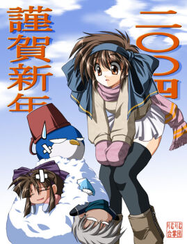 1boy 2girls artist_name bandaid bandaid_on_face bandaid_on_hair bird black_thighhighs blue_sky boots brown_boots brown_eyes brown_hair brown_sweater bucket bucket_on_head chibi comedic_sweatdrop commentary crossed_bandaids dark-skinned_female dark-skinned_male dark_skin f20_(funimaru) fringe_trim galford_d_weller galford_d_weller_(rasetsu) gloves grey_hair hands_on_own_thighs ice konril leaning_forward looking_at_another mamahaha miniskirt mittens multiple_girls murasaki_nakoruru nakoruru new_year object_on_head outdoors pink_gloves pink_scarf rimururu samurai_spirits scarf short_hair skirt sky snow sweater thighhighs white_skirt