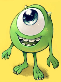 1boy animification blue_eyes colored_skin cyclops full_body green_eyes green_skin happy horns male_focus mike_wazowski monsters_inc. no_humans one-eyed open_mouth smile solo teeth yokotn