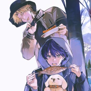 2boys ^_^ absurdres black_hat blonde_hair blue_hair closed_eyes commentary_request dog drawstring fish_(food) food fushimi_gaku grilled_fish hat highres holding holding_plate holding_tongs hood hood_up hooded_jacket jacket kenmochi_touya long_sleeves male_focus mole mole_under_eye multiple_boys nijisanji open_mouth plate sausage short_hair tongs tree tsuta1218 virtual_youtuber yellow_eyes