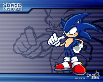 animal_ears animal_nose blue_fur character_name clenched_hand company_name copyright_logo copyright_name gloves green_eyes hedgehog_boy logo official_art official_wallpaper pointing pointing_at_self red_shoes shoes sonic_(series) sonic_battle sonic_the_hedgehog white_gloves zoom_layer