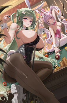 2girls alice_(nikke) alice_(wonderland_bunny)_(nikke) animal_ears ass bare_shoulders between_breasts billiards black_leotard blurry blurry_background blush breasts brown_pantyhose cue_stick fake_animal_ears fake_tail from_behind goddess_of_victory:_nikke grey_hair highres huge_breasts indoors large_breasts leotard long_hair looking_back multiple_girls official_alternate_costume pantyhose pink_eyes pink_hair pink_leotard playboy_bunny purple_eyes rabbit_ears rabbit_tail shoes silvertsuki sneakers soda_(nikke) soda_(twinkling_bunny)_(nikke) standing tail torn_clothes torn_pantyhose twintails white_pantyhose white_shoes wrist_cuffs