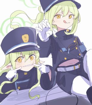 2girls :q armband black_hat black_jacket black_shorts black_tail blue_archive blue_armband closed_mouth gloves green_hair green_halo hair_between_eyes halo hat highres hikari_(blue_archive) jacket long_hair long_sleeves looking_at_viewer making_faces multiple_girls nozomi_(blue_archive) p2p2hifumi pantyhose pointy_ears shorts sitting teeth tongue tongue_out white_background white_gloves white_pantyhose wide_sleeves yellow_eyes