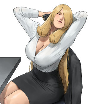 1girl absurdres blonde_hair breasts chair cleavage closed_eyes commentary_request cynthia_(pokemon) hair_over_one_eye highres large_breasts long_hair mature_female nintendo office_lady pencil_skirt pokemon pokemon_dppt red_lips shirt sitting skirt solo wasabishouyu white_background white_shirt