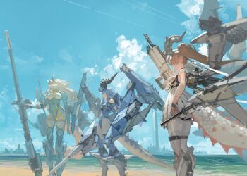 3girls animal_ears beach blue_hair body_fur bodysuit breasts brown_hair cityscape cloud commentary_request exoskeleton furry furry_female hashtag-only_commentary holding holding_weapon horns lizard_tail mecha_musume multiple_girls original pointy_ears scales snout tail takayama_toshiaki weapon white_fur