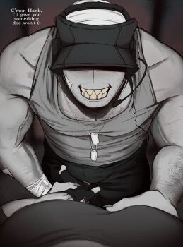 2boys bandaid bandaid_on_cheek bandaid_on_face bara beard_stubble blush bulge character_request colored_skin facial_hair facing_viewer foreplay from_above grey_skin grey_tank_top grin guided_crotch_grab guiding_hand hairy hat_over_eyes highres large_pectorals madness_combat male_focus monster_boy multiple_boys muscular muscular_male pectoral_cleavage pectoral_grab pectorals pov sharp_teeth smile solo_focus sparse_arm_hair sparse_chest_hair stubble tank_top teeth veins veiny_arms waxxed_doghouse yaoi