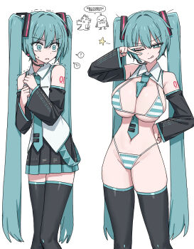2girls ? absurdres alternate_breast_size_(larger) aqua_eyes aqua_hair aqua_necktie arm_tattoo armpits arms_up bad_id bad_twitter_id bikini black_thighhighs breasts channel_(caststation) detached_sleeves feet_out_of_frame grey_shirt hatsune_miku headset highres large_breasts long_hair miku_collar_bikini miniskirt multicolored_hair multiple_girls multiple_persona necktie number_tattoo pleated_skirt scared shirt simple_background skirt sleeveless sleeveless_shirt small_breasts smile star_(symbol) star_in_eye sweat sweatdrop swimsuit symbol_in_eye tattoo thighhighs tongue tongue_out twintails two-tone_hair v v_over_eye very_long_hair vocaloid white_background white_shirt