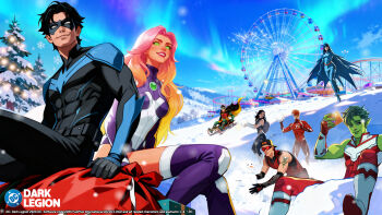 3girls 5boys arsenal_(dc) aurora beast_boy_(dc) blue_sky bodysuit boots colored_sclera colored_skin commentary day dc:_dark_legion dc_comics domino_mask donna_troy elbow_gloves english_commentary eye_mask ferris_wheel gift_bag gloves green_eyes green_sclera highres kid_flash leotard long_hair mask multicolored_bodysuit multicolored_hair multicolored_leotard multiple_boys multiple_girls nightwing orange_skin purple_boots purple_leotard raven_(dc) red_lips robin_(dc) sky sleeveless snow snowman starfire tamaranean taut_bodysuit teen_titans thigh_boots toned toned_male