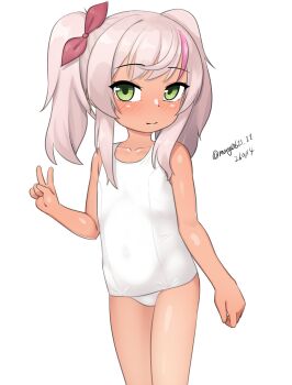 1girl absurdres comandante_cappellini_(kancolle) dark-skinned_female dark_skin dated flat_chest green_eyes highres i-503_(kancolle) kantai_collection loli maru_(marg0613) multicolored_hair one-hour_drawing_challenge one-piece_swimsuit pink_hair school_swimsuit simple_background solo streaked_hair swimsuit twintails twitter_username v white_background white_one-piece_swimsuit