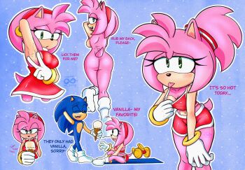 amy_rose armpit_focus armpits ass ass_focus back bare_back bare_legs blue_fur blue_hair blush bra bracelet completely_nude dress eating embarrassed eyelashes fitness_gym food gloves green_eyes hair_tie half-closed_eyes ice_cream ice_cream_cone jewelry legs lying medium_hair nude on_stomach onefi4 pink_fur pink_hair ponytail sega shorts sitting smelly_armpits socks socks_only sonamy sonic_(series) sonic_racing:_crossworlds sonic_the_hedgehog spiked_hair sports_bra sports_shorts sweat sweatdrop sweaty_clothes tail tail_wagging tongue tongue_out underwear