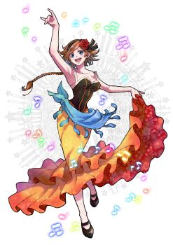 1girl absurdres agnea_bristarni armpits blue_eyes braid braided_ponytail breasts brown_hair cleavage collarbone commentary_request dancer earrings flower frilled_skirt frills hair_flower hair_ornament highres hoop_earrings jewelry large_breasts long_hair musical_note octopath_traveler octopath_traveler_ii red_flower red_rose rose skirt smile solo strap_slip togekawaaaaaa watermark