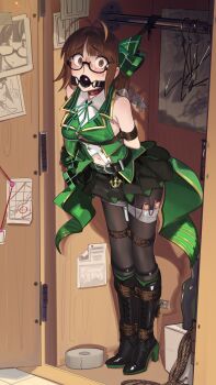 1girl absurdres akizuki_ritsuko anchor_(tie_down) antenna_hair arms_behind_back ball_gag bare_shoulders bdsm belt black_boots black_pantyhose black_skirt bondage boots bound bound_ankles bound_arms bound_legs bound_thighs braid breasts brown_eyes brown_hair cad_(caddo) closet clothes_hanger collar collared_shirt commentary commission constricted_pupils egg_vibrator english_commentary female_focus forced_orgasm full_body gag glasses green_belt green_ribbon green_shirt high_heel_boots high_heels highres hitachi_magic_wand idolmaster idolmaster_(classic) indoors lace-up_boots looking_at_viewer navel neck_ribbon overskirt pantyhose red_collar restrained ribbon saliva scared second-party_source semi-rimless_eyewear sex_toy shibari shirt skirt slave sleeveless sleeveless_shirt solo standing sweatdrop tape under-rim_eyewear variant_set vibrator vibrator_cord vibrator_under_clothes