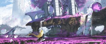 1girl absurdres artist_name asteroid_ill bird blonde_hair blue_sky cloak cloud commentary fake_screenshot flower highres iris_(asteroid_ill) long_hair minimap original ruins scenery sky solo user_interface water waterfall