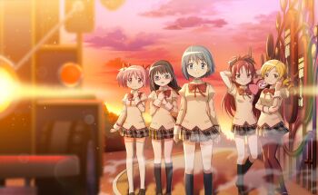 5girls akemi_homura anime_coloring antenna_hair arms_behind_head artist_request black_bow black_hair black_hairband black_skirt black_socks blonde_hair blue_eyes blue_hair bow bowtie braid brown_pantyhose brown_shoes bus bus_stop charlotte_(madoka_magica) clenched_hand clenched_hands closed_mouth cloud collared_shirt creature creature_on_shoulder dot_nose drill_hair feet_out_of_frame floating_clothes floating_hair flower_hairband full_body glasses gradient_sky hair_bow hair_ornament hair_ribbon hairband hairclip hand_on_own_cheek hand_on_own_chest hand_on_own_elbow hand_on_own_face hands_on_own_chest happy high_collar high_ponytail highres holy_quintet jitome juliet_sleeves kaname_madoka knee_up kneehighs knees lace lace-trimmed_shirt lace-trimmed_sleeves lace_trim large_bow lens_flare light_blush light_particles long_hair long_sleeves looking_at_viewer low_twin_braids madoka_runes mahou_shoujo_madoka_magica mahou_shoujo_madoka_magica:_hangyaku_no_monogatari mahou_shoujo_madoka_magica_magia_exedra mary_janes miki_sayaka miniskirt mitakihara_school_uniform motor_vehicle multiple_girls official_alternate_costume official_art on_shoulder open_mouth outdoors pantyhose pink_eyes pink_hair pink_sky plaid_clothes plaid_skirt pleated_skirt pocket ponytail puffy_sleeves purple_eyes rainbow red-framed_eyewear red_bow red_bowtie red_eyes red_hair red_ribbon red_sky ribbon road sakura_kyoko school_uniform shirt shoes short_hair short_twintails skirt sky sleeve_cuffs smile smoke socks standing straight-on street sun sunset tareme thighhighs third-party_source tomoe_mami tree tsurime twin_braids twin_drills twintails uwabaki very_long_hair white_shoes white_thighhighs wind witch_(madoka_magica) yellow_shirt