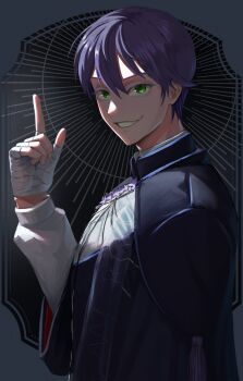 1boy absurdres bandaged_hand bandages commentary_request green_eyes grin highres index_finger_raised kenmochi_touya long_sleeves looking_at_viewer magurosamm male_focus nijisanji purple_hair short_hair smile solo tassel upper_body