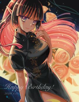 1girl artist_name black_hair blunt_bangs breasts cassis_nano_spinel china_dress chinese_clothes closed_mouth commentary_request cowboy_shot dated dress flower hand_up happy_birthday highres hiroita indie_virtual_youtuber large_breasts long_hair looking_at_viewer multicolored_hair pink_flower pink_hair pink_rose rose short_sleeves smile solo two-tone_hair virtual_youtuber