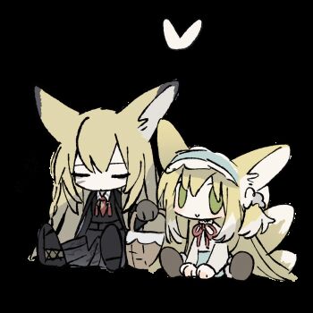2girls animal_ears animated animated_gif arknights black_footwear black_jacket blinking blonde_hair blush brown_footwear bug butterfly chibi chibi_only chinese_commentary closed_eyes closed_mouth commentary_request ear_wiggle fox_ears fox_girl fox_tail green_eyes insect jacket kitsune kyuubi long_hair mianren48860 mother_and_daughter multiple_girls multiple_tails official_alternate_costume simple_background sitting smile suzuran_(arknights) suzuran_(spring_praise)_(arknights) tail transparent_background very_long_hair