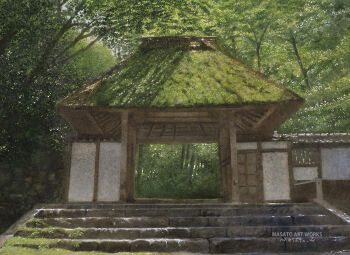 Rule 34 | artist name, commentary request, day, forest, gate, moss, nature, no humans, original, outdoors, painting (medium), scenery, signature, stairs, traditional media, tree, watanabe masato, watercolor (medium)