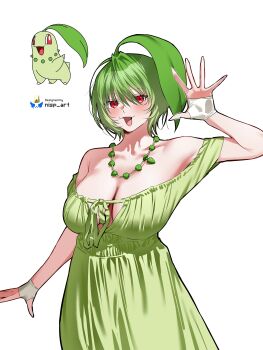 1girl absurdres artist_name bare_shoulders breasts chikorita cleavage creature_and_personification dress fingerless_gloves gen_2_pokemon gloves green_dress highres jewelry leaf necklace nintendo nisp_art off-shoulder_dress off_shoulder open_mouth personification pokemon pokemon_(creature) red_eyes reference_inset