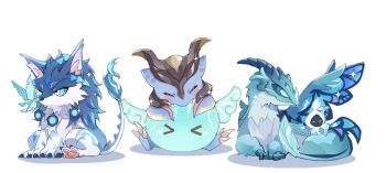 &gt;_&lt; ;p andrius_(genshin_impact) anemo_slime_(genshin_impact) barbatos_(genshin_impact) biting blue_eyes blush blush_stickers bug butterfly butterfly_on_nose claws closed_eyes closed_mouth commentary_request creature creature_focus crystalfly_(genshin_impact) dragon dvalin_(genshin_impact) fangs genshin_impact highres insect mini_durin_(dragon)_(genshin_impact) mini_durin_(genshin_impact) no_humans one_eye_closed pawpads simple_background sitting situki sleeping slime_(creature) slime_(genshin_impact) sparkle spirit tail tongue tongue_out white_background wings wolf