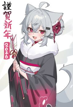 1girl 2026 :d absurdres animal_ears black_kimono blush commentary_request fenrir_(fenriluuu) grey_hair hair_between_eyes hair_ornament highres japanese_clothes kimono looking_at_viewer new_year open_mouth original red_kimono rir-chan smile solo translation_request two-tone_kimono white_background wolf_ears wolf_girl