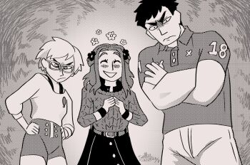 Rule 34 | 1boy, 2girls, angry, belt, blush, blush stickers, brooch, closed eyes, closed mouth, collared shirt, commentary, crossed arms, dated, diana (kyokugen dasshutsu), english commentary, eyelashes, flower, glasses, greyscale, hair flower, hair ornament, hands on own hips, happy, high-waist shorts, highres, jewelry, kyokugen dasshutsu, long hair, long sleeves, monochrome, multiple girls, open mouth, own hands together, pants, phi (kyokugen dasshutsu), sagutoyas, shirt, short hair, shorts, sidelocks, sigma (kyokugen dasshutsu), signature, skirt, smile, sweater, v-shaped eyebrows, very short hair, zero escape: toki no dilemma