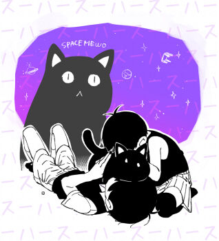 2boys :&lt; animal animal_on_head antenna_hair bare_arms bare_shoulders border cat character_name collared_shirt commentary_request dual_persona full_body greyscale_with_colored_background hair_behind_ear high_contrast kneehighs knees_up lying mewo multiple_boys omori omori_(omori) on_back on_head outline outside_border pinstripe_shorts purple_background round_border seiza shirt shoes short_hair short_sleeves shorts simple_background sitting slit_pupils socks sunny_(omori) sweater_vest tank_top thighhighs toastytoast very_short_hair white_border white_outline