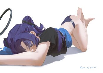 1girl absurdres back_peek barefoot blue_archive blue_sports_panties crop_top halo highres long_hair looking_down pamo purple_eyes purple_hair short_sleeves solo top-down_bottom-up twintails white_background yuuka_(blue_archive)