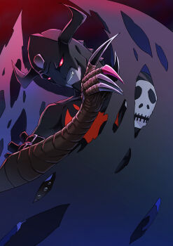 1boy absurdres black_bodysuit black_wings bodysuit commentary_request demon_wings devimon digimon digimon_(creature) fang hasegawa_(hase_popopo) highres horns male_focus red_eyes smirk solo torn_wings upper_body wings