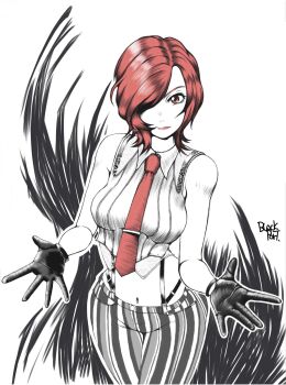 1girl blacks0956 blacksportfolio breasts curvy female_focus formal_clothes gloves huge_breasts large_breasts looking_at_viewer pale_skin pants red_eyes red_hair see-through_clothes see-through_shirt shirt short_hair smile smiley_face the_king_of_fighters thick_thighs thighs vanessa_(kof) white_shirt wide_hips
