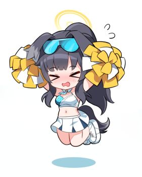 >_< 1girl animal_ears arms_up bare_shoulders black_hair blue_archive blush breasts cheerleader chibi cleavage closed_eyes clothes_writing crop_top dog_ears dog_girl dog_tail eyewear_on_head flying_sweatdrops full_body halo hibiki_(blue_archive) hibiki_(cheer_squad)_(blue_archive) highres holding holding_pom_poms jumping korean_commentary kumarang long_hair medium_breasts midair midriff millennium_cheerleader_outfit_(blue_archive) miniskirt navel open_mouth pleated_skirt pom_pom_(cheerleading) pom_poms ponytail shirt shoes simple_background skirt sleeveless sneakers solo sunglasses tail white_background white_shoes white_skirt yellow_halo