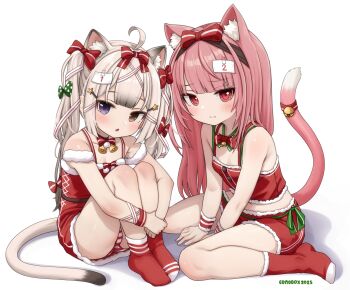 2025 2girls ahoge animal_ear_fluff animal_ears artist_name bell bow breasts brown_eyes camisole cat_ears cat_girl cat_tail closed_mouth coco_(comodox) commentary comodox dress english_commentary green_bow grey_hair hair_bow heterochromia highres jingle_bell knees_up long_hair looking_at_viewer miniskirt multiple_girls neck_bell nono_(comodox) open_mouth original panties pink_hair polka_dot polka_dot_bow purple_eyes red_bow red_camisole red_dress red_eyes red_panties red_skirt red_socks santa_costume santa_dress sitting skirt small_breasts socks striped_clothes striped_panties tail tail_bell tail_ornament twintails underwear wariza