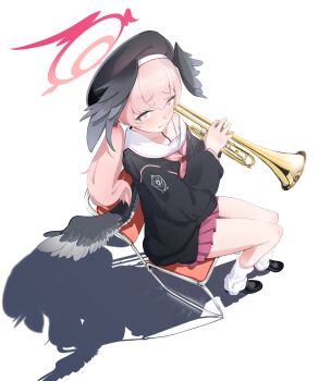 1girl absurdres beret black_hat black_shirt black_shoes black_wings blue_archive blush chair closed_mouth commentary feathered_wings film_grain from_above frown furrowed_brow halo hat highres holding holding_instrument holding_trumpet instrument kneehighs koharu_(blue_archive) loafers long_hair long_sleeves looking_at_viewer loose_socks migeru690 miniskirt neckerchief on_chair pink_eyes pink_hair pink_halo pink_neckerchief pink_skirt pleated_skirt sailor_collar school_uniform serafuku shadow shirt shoes simple_background single_bare_shoulder sitting skirt socks solo thighs trinity_general_school_logo trumpet twintails white_background white_sailor_collar white_socks wings