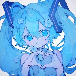 Rule 34 | 1girl, blue eyes, blue hair, blue theme, commentary, flower, hair ornament, hatsune miku, heart, heart hands, highres, lilium susan, long hair, looking at viewer, necktie, parted lips, solo, symbol-only commentary, twintails, upper body, vocaloid