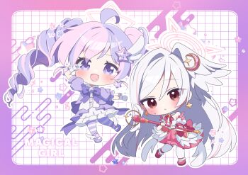 2girls :&lt; absurdres ahoge blue_archive border bow bustier chibi chibi_only commentary_request detached_collar detached_sleeves dress drill_hair egasumi fake_wings frilled_dress frills gradient_border hair_between_eyes hair_ornament halo head_wings highres loafers long_hair looking_at_viewer magical_girl multicolored_hair multiple_girls pink_border pink_dress pink_hair puffy_sleeves purple_border purple_bow purple_eyes purple_hair purple_thighhighs red_eyes reisa_(blue_archive) reisa_(magical)_(blue_archive) shiroe_(4ra_su4) shoes single_hair_intake single_head_wing star_(symbol) star_hair_ornament striped_clothes striped_thighhighs suzumi_(blue_archive) suzumi_(magical)_(blue_archive) thighhighs twintails two-tone_hair v very_long_hair white_hair winged_shoes wings