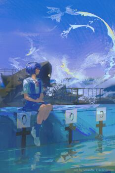 1girl artist_name ayanami_rei blue_hair blue_skirt commentary crossed_ankles highres neckerchief neon_genesis_evangelion outdoors pool poolside red_neckerchief rock sberrymacchiato school_uniform shirt short_hair short_sleeves sitting skirt sky solo suspender_skirt suspenders tokyo-3_middle_school_uniform water white_shirt