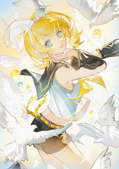 1girl animal belt bird black_sailor_collar black_shorts black_sleeves blonde_hair blue_eyes blue_gemstone bow detached_sleeves eyelashes from_behind gem hair_bow hair_ornament hairpin happy headphones highres kagamine_rin large_bow looking_at_viewer neckerchief open_mouth sailor_collar shirt short_hair shorts sidelocks solo swept_bangs vocaloid white_bird white_bow white_shirt yellow_belt yellow_gemstone yellow_neckerchief yellow_trim zeriko